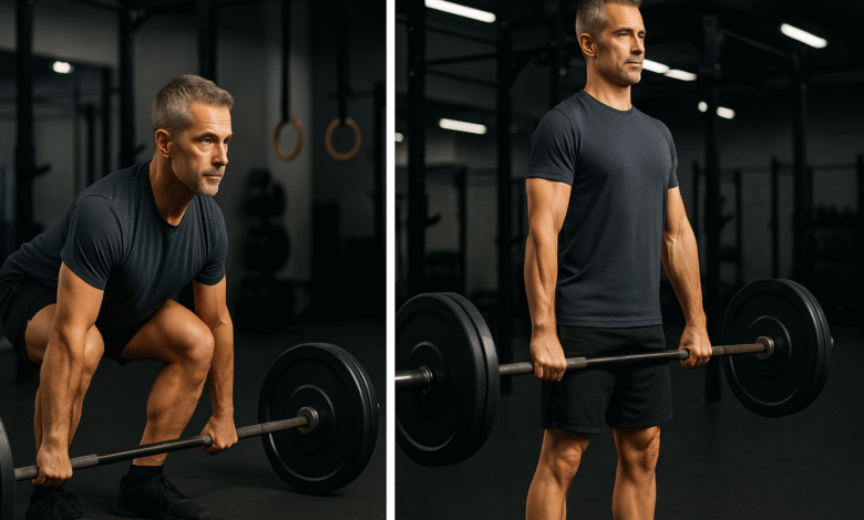 A fit man in his 40s performing a barbell deadlift in a home gym, demonstrating proper form and essential strength training technique for men building muscle and stability after 40.