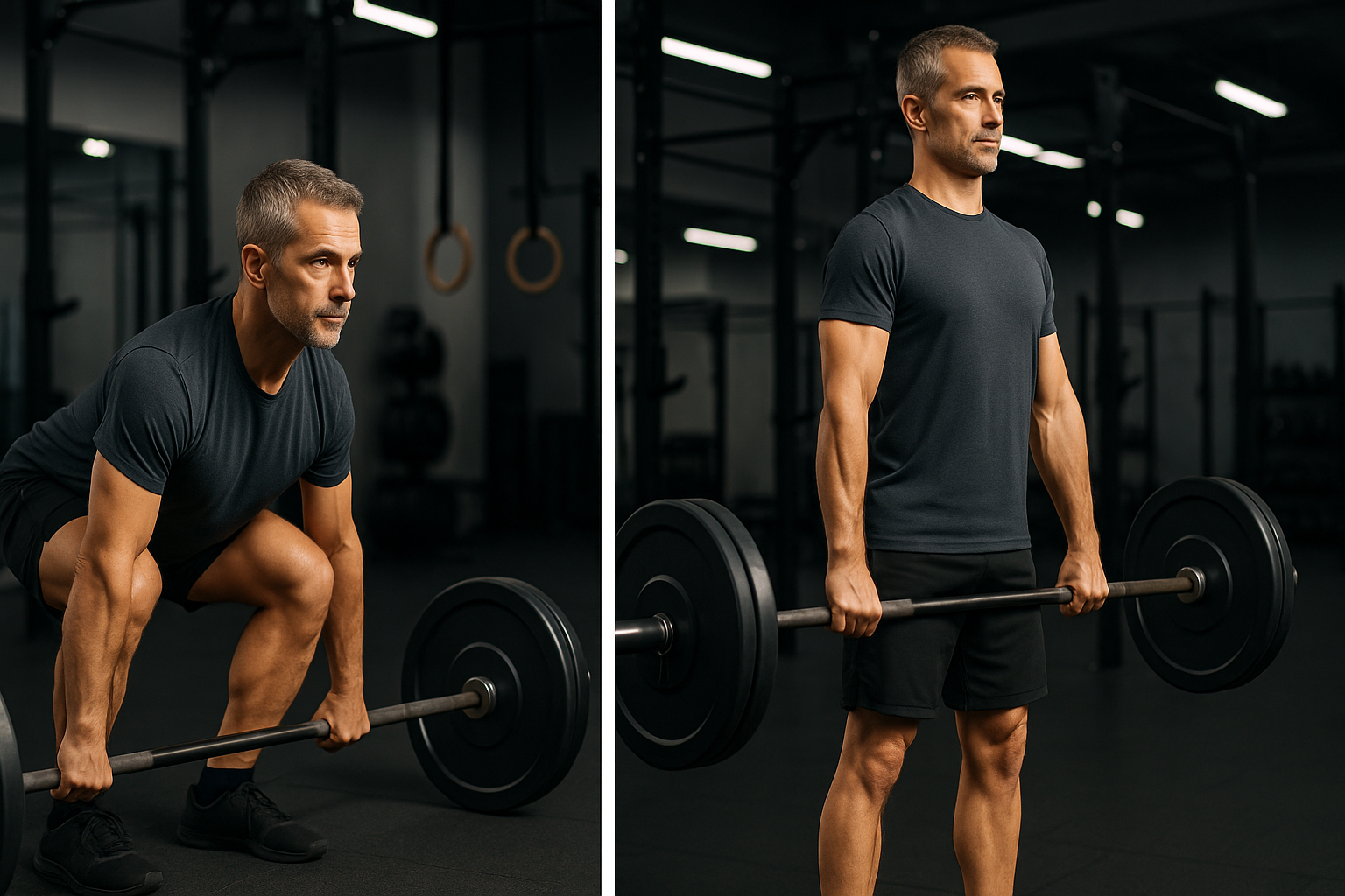 A fit man in his 40s performing a barbell deadlift in a home gym, demonstrating proper form and essential strength training technique for men building muscle and stability after 40.