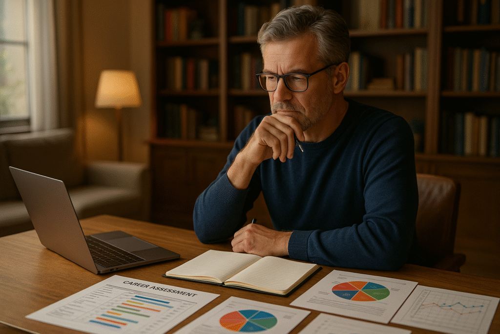 Mature professional using self-assessment tools for midlife career change planning and skills evaluation