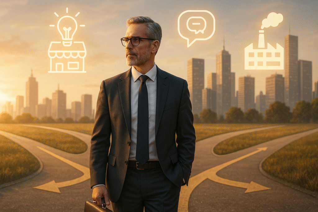 Professional man over 49 at career crossroads choosing new opportunities for midlife career reinvention