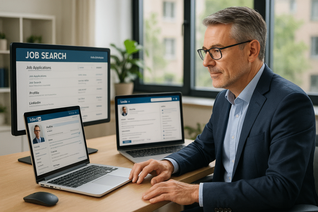 Mature professional conducting modern job search using laptop with resume and LinkedIn optimization
