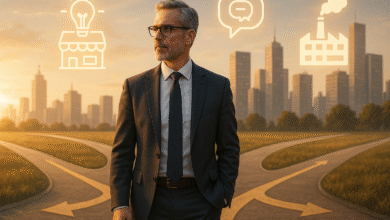 Professional man over 49 at career crossroads choosing new opportunities for midlife career reinvention