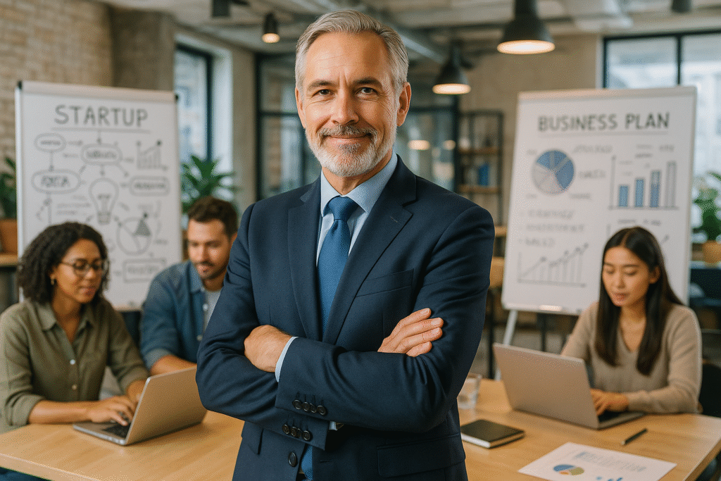 Confident entrepreneur over 49 leading startup team in modern office environment