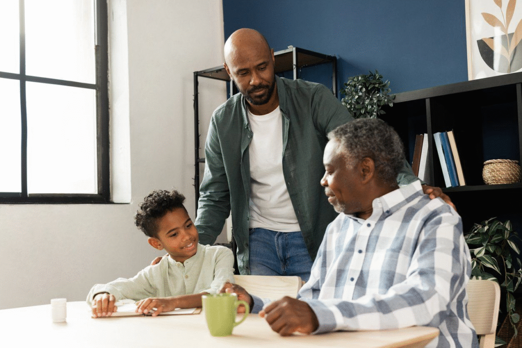 Illustration of sandwich generation - men caring for both aging parents and children