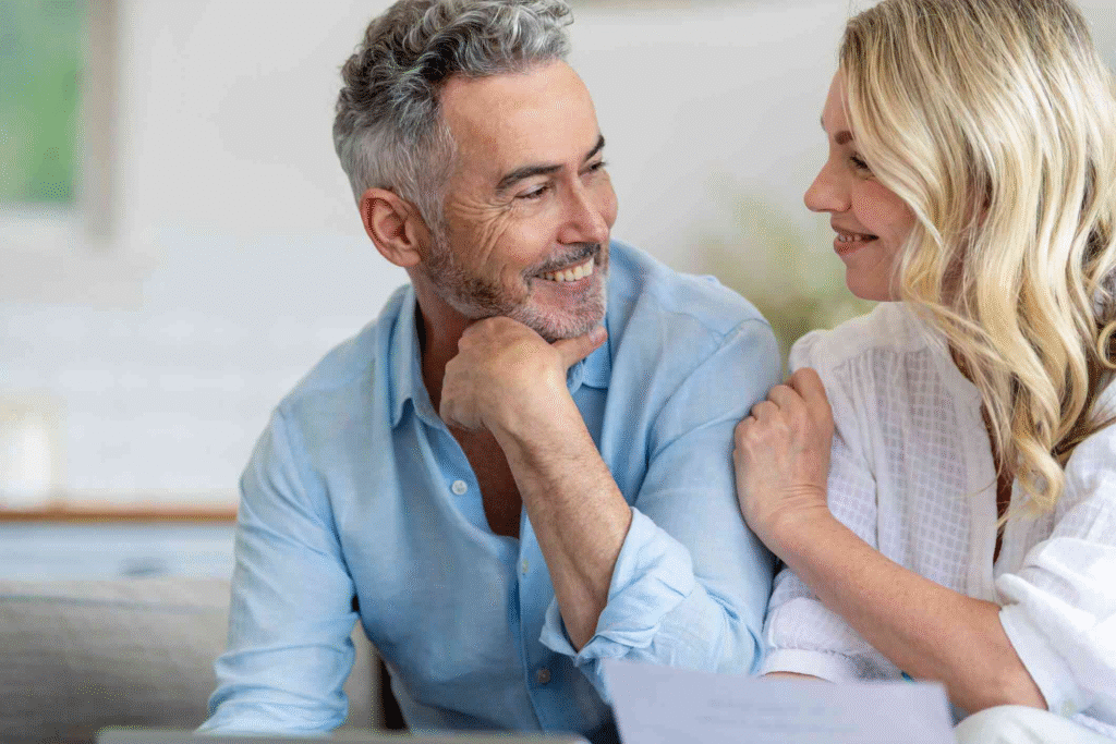 A mature couple sitting closely, engaged in a deep and attentive conversation, demonstrating the conscious communication skills needed for relationship mastery.