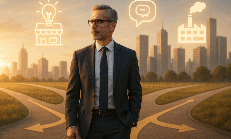 Professional man over 49 at career crossroads choosing new opportunities for midlife career reinvention