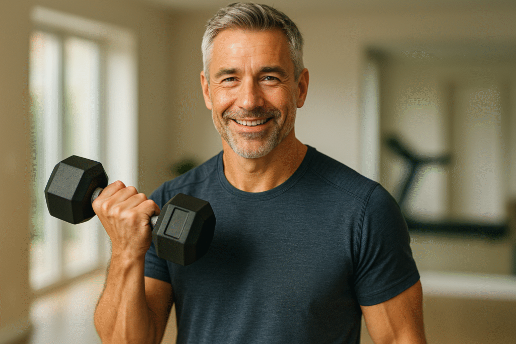 A fit, smiling man in his late 40s or early 50s confidently lifting a dumbbell in a bright home gym, demonstrating achievable muscle building after 40. Estrogen Men Over 40
