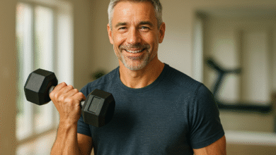 A fit, smiling man in his late 40s or early 50s confidently lifting a dumbbell in a bright home gym, demonstrating achievable muscle building after 40. Estrogen Men Over 40