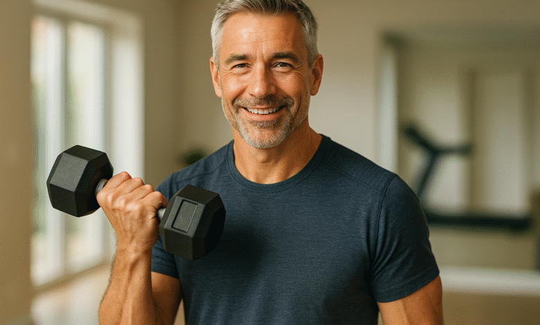 A fit, smiling man in his late 40s or early 50s confidently lifting a dumbbell in a bright home gym, demonstrating achievable muscle building after 40. Estrogen Men Over 40