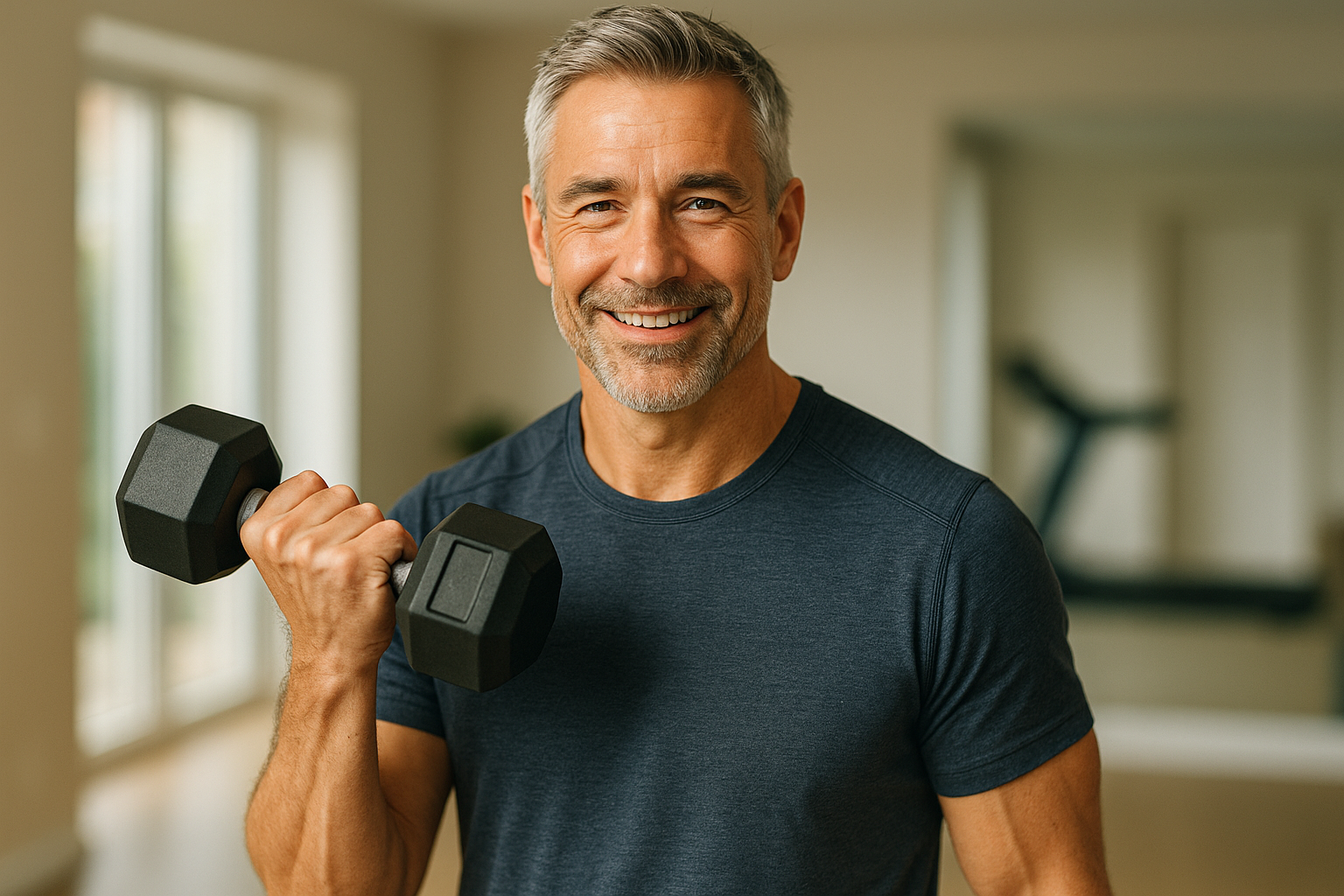 A fit, smiling man in his late 40s or early 50s confidently lifting a dumbbell in a bright home gym, demonstrating achievable muscle building after 40. Estrogen Men Over 40