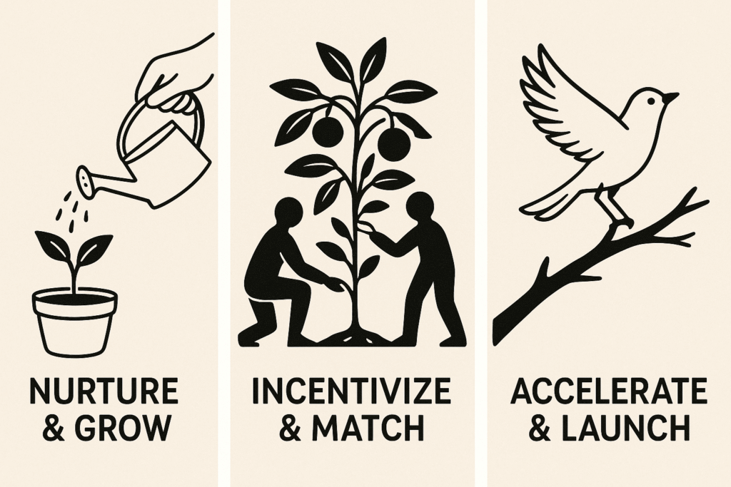 A three-panel illustration of the 'Launchpad Agreement' models: Nurture & Grow (watering a plant), Incentivize & Match (tending a tree), and Accelerate & Launch (bird taking flight).