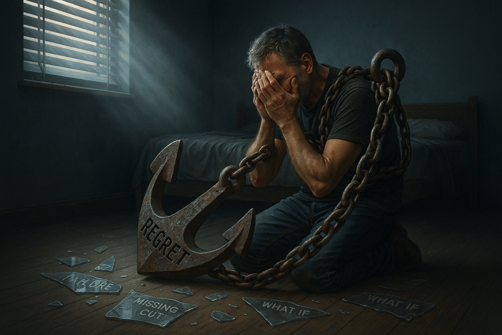 Hyper-realistic image of a distressed man on his knees, chained to a giant, rusty anchor labeled 'REGRET', surrounded by broken glass shards of 'Failure' and 'What If' in a dark room. A ray of hope enters from a window. Feeling Like a Failure in Your 40s