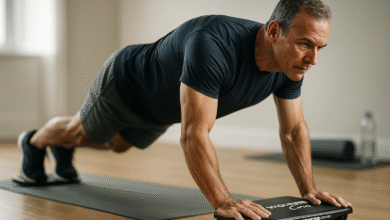 A fit man in his 50s performing a low-impact core strength exercise with the WONDER CORE Slide Fit ab roller board, demonstrating an effective at-home workout for men.