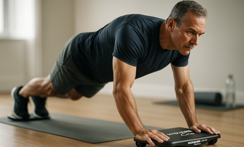 A fit man in his 50s performing a low-impact core strength exercise with the WONDER CORE Slide Fit ab roller board, demonstrating an effective at-home workout for men.