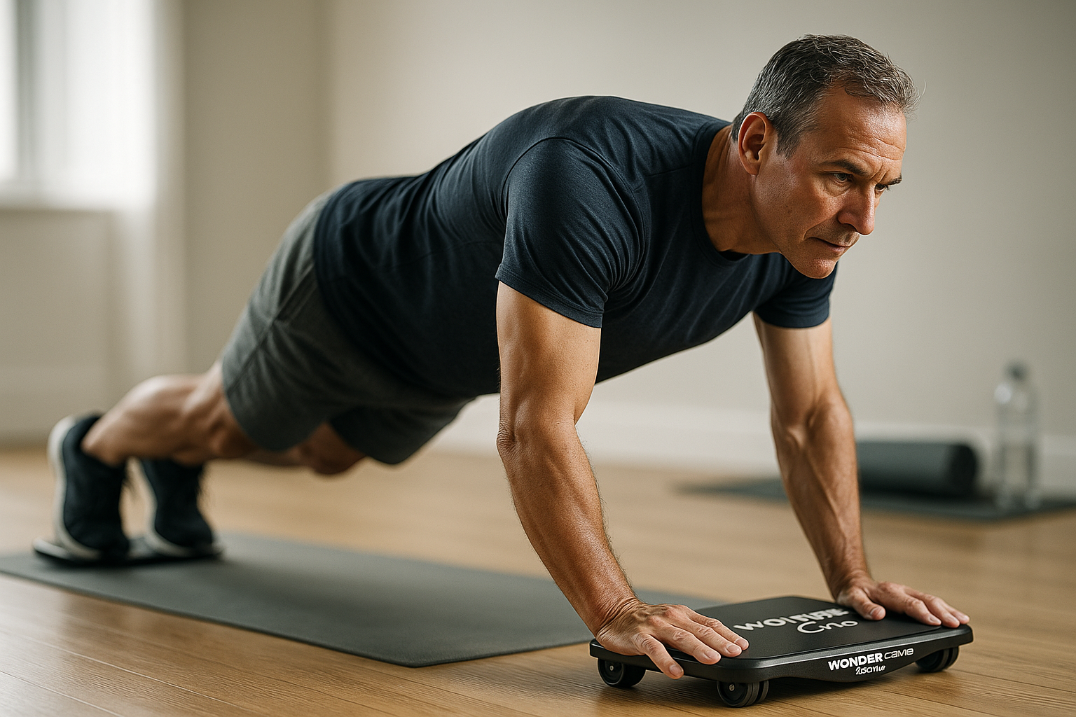 A fit man in his 50s performing a low-impact core strength exercise with the WONDER CORE Slide Fit ab roller board, demonstrating an effective at-home workout for men.