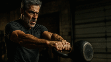 Fit man in his 50s performs a kettlebell swing to melt belly fat fast.