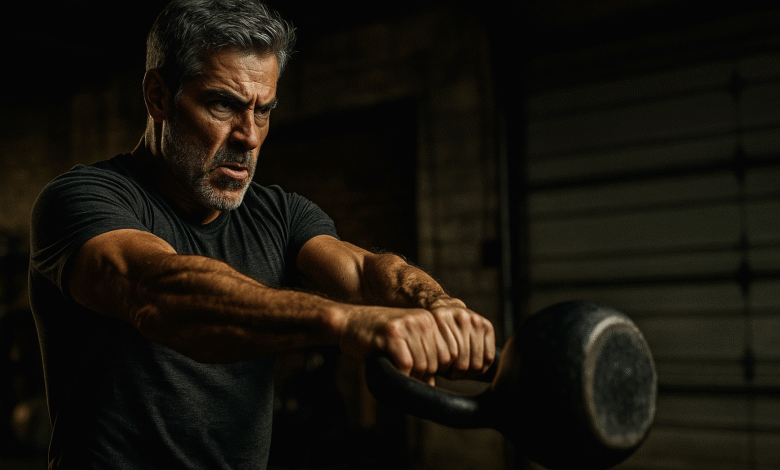 Fit man in his 50s performs a kettlebell swing to melt belly fat fast.