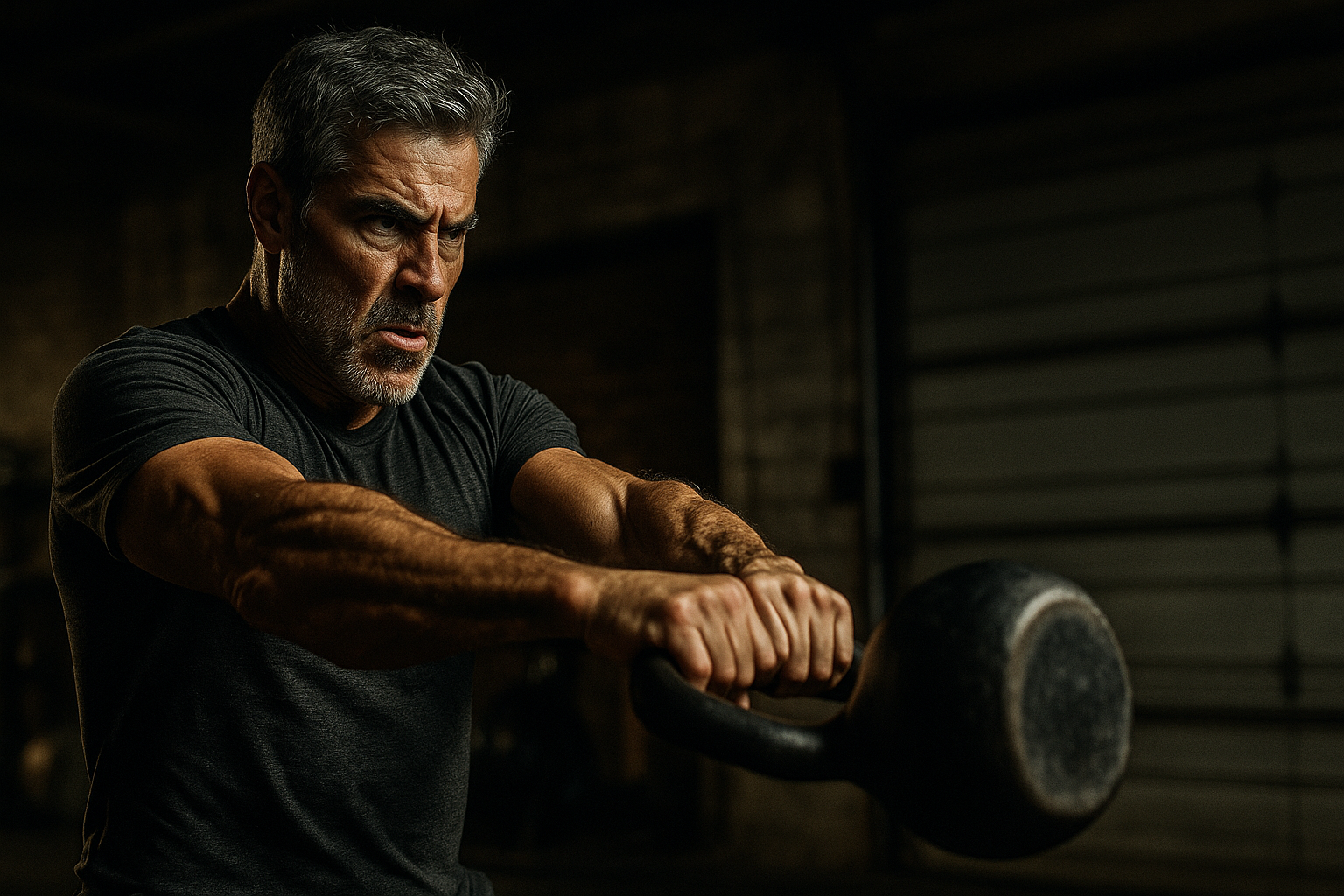 Fit man in his 50s performs a kettlebell swing to melt belly fat fast.