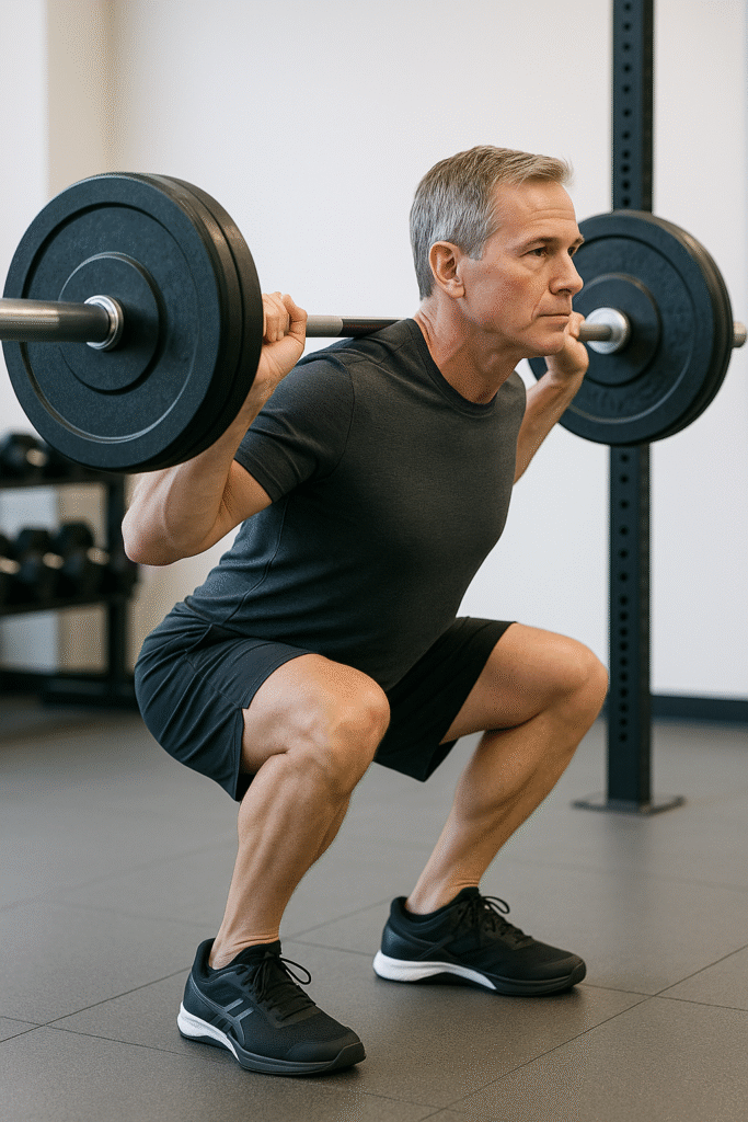 A fit man in his late 40s or early 50s demonstrating proper depth and posture during a barbell back squat, crucial for safe and effective strength training after 40.