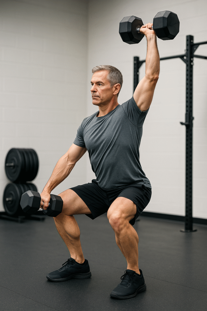 A fit man in his late 40s or early 50s demonstrating a single-arm dumbbell snatch (or clean & jerk) in a gym, an effective full-body exercise for building strength and power after 40