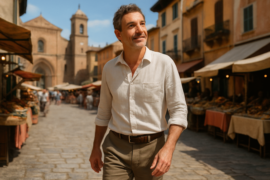 A fit and content man in his late 40s or early 50s smiling while exploring a bustling outdoor market in a historic European town, showcasing an active lifestyle through travel after 40.