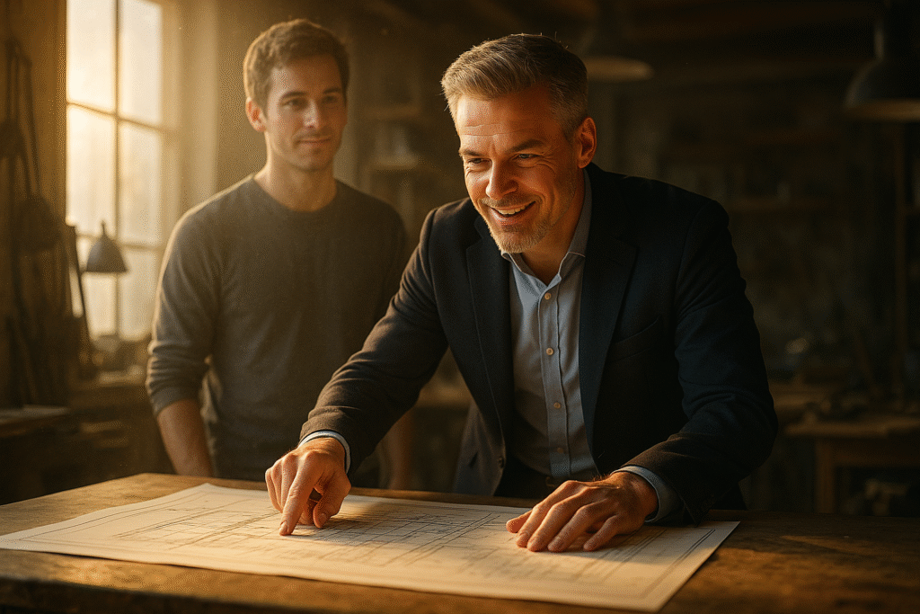 An energized man in his 50s reviews a blueprint for his legacy project, symbolizing the combination of wisdom and vitality achieved through the Biological Alignment Plan.