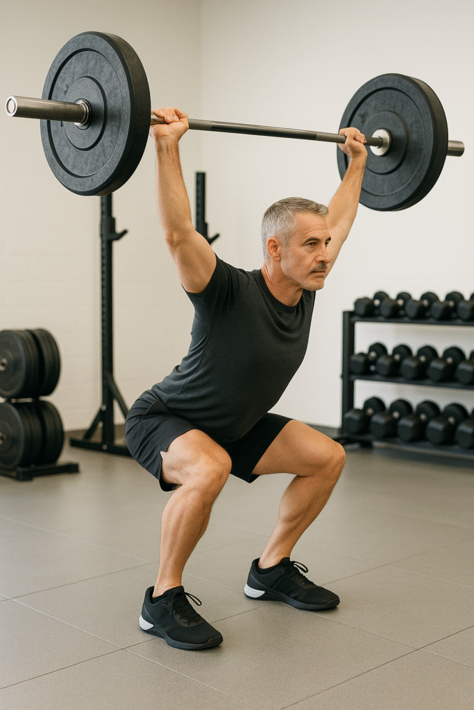 A man in his late 40s or early 50s expertly performing an overhead squat with a barbell in a gym, demonstrating advanced mobility and core stability for fitness after 40.