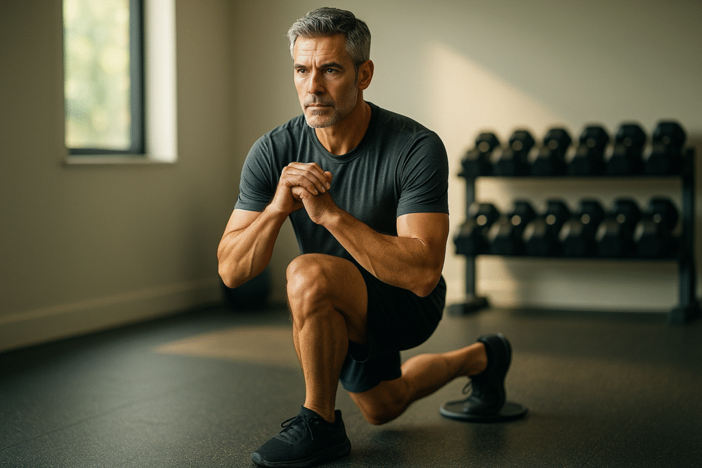 A fit man in his 50s performs a low-impact slider reverse lunge, demonstrating a joint-friendly slider exercises for men over 40 to build strength at home.