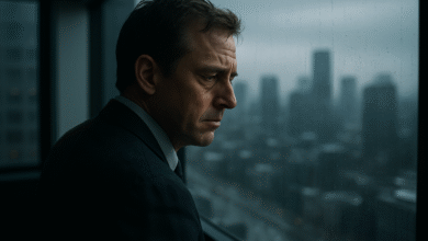 Man over 40 feeling trapped in his career, looking out an office window and contemplating a career transition.