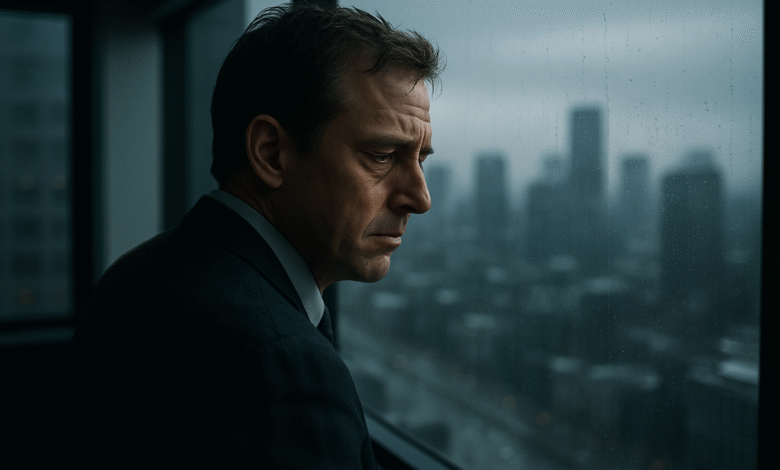 Man over 40 feeling trapped in his career, looking out an office window and contemplating a career transition.