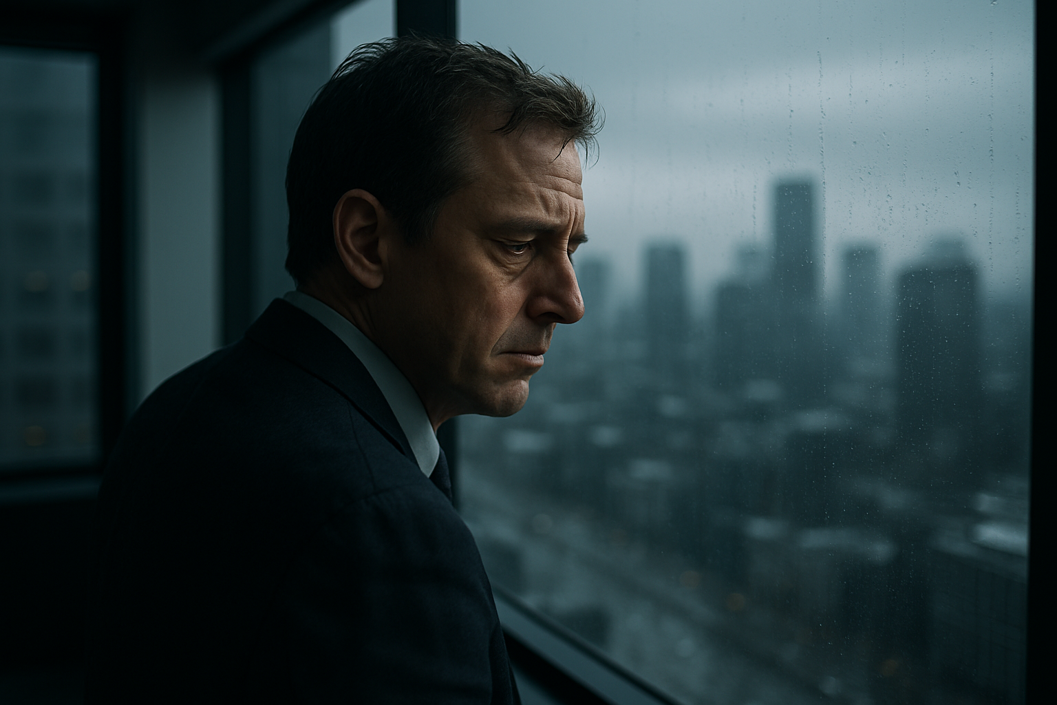Man over 40 feeling trapped in his career, looking out an office window and contemplating a career transition.