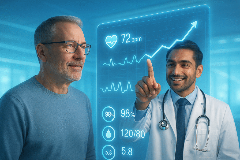 A man in his 50s and his doctor analyzing his health data on a futuristic transparent screen, pointing to a positive trend line that symbolizes proactive healthcare.