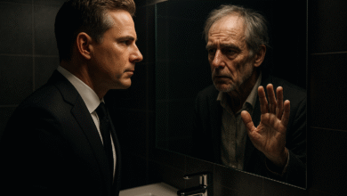 A successful man in his 40s in a suit looks into a mirror and sees a shockingly older, exhausted reflection, symbolizing the effects of executive fatigue and biological burnout.