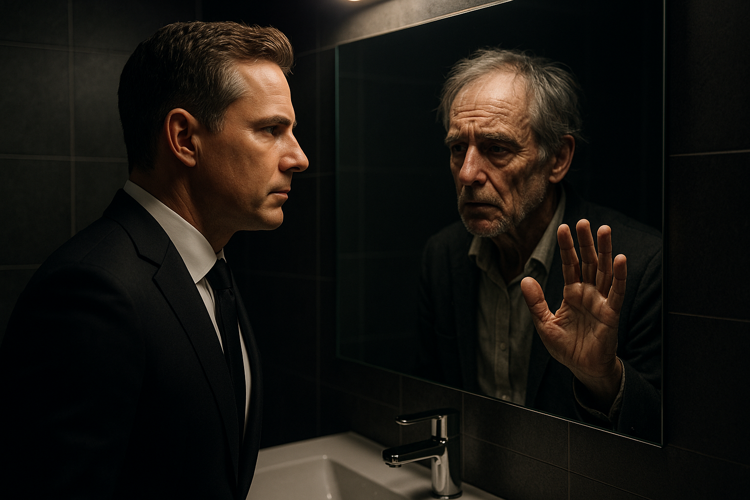 A successful man in his 40s in a suit looks into a mirror and sees a shockingly older, exhausted reflection, symbolizing the effects of executive fatigue and biological burnout.