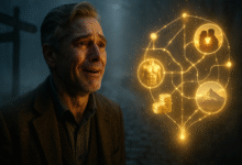 A man in midlife stands at a crossroads, choosing his path by looking at a glowing blueprint for his second act, representing a successful midlife reboot.