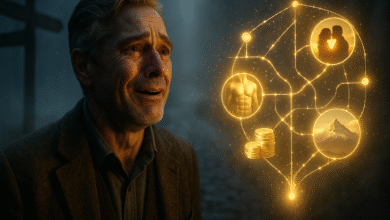 A man in midlife stands at a crossroads, choosing his path by looking at a glowing blueprint for his second act, representing a successful midlife reboot.