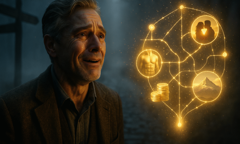 A man in midlife stands at a crossroads, choosing his path by looking at a glowing blueprint for his second act, representing a successful midlife reboot.