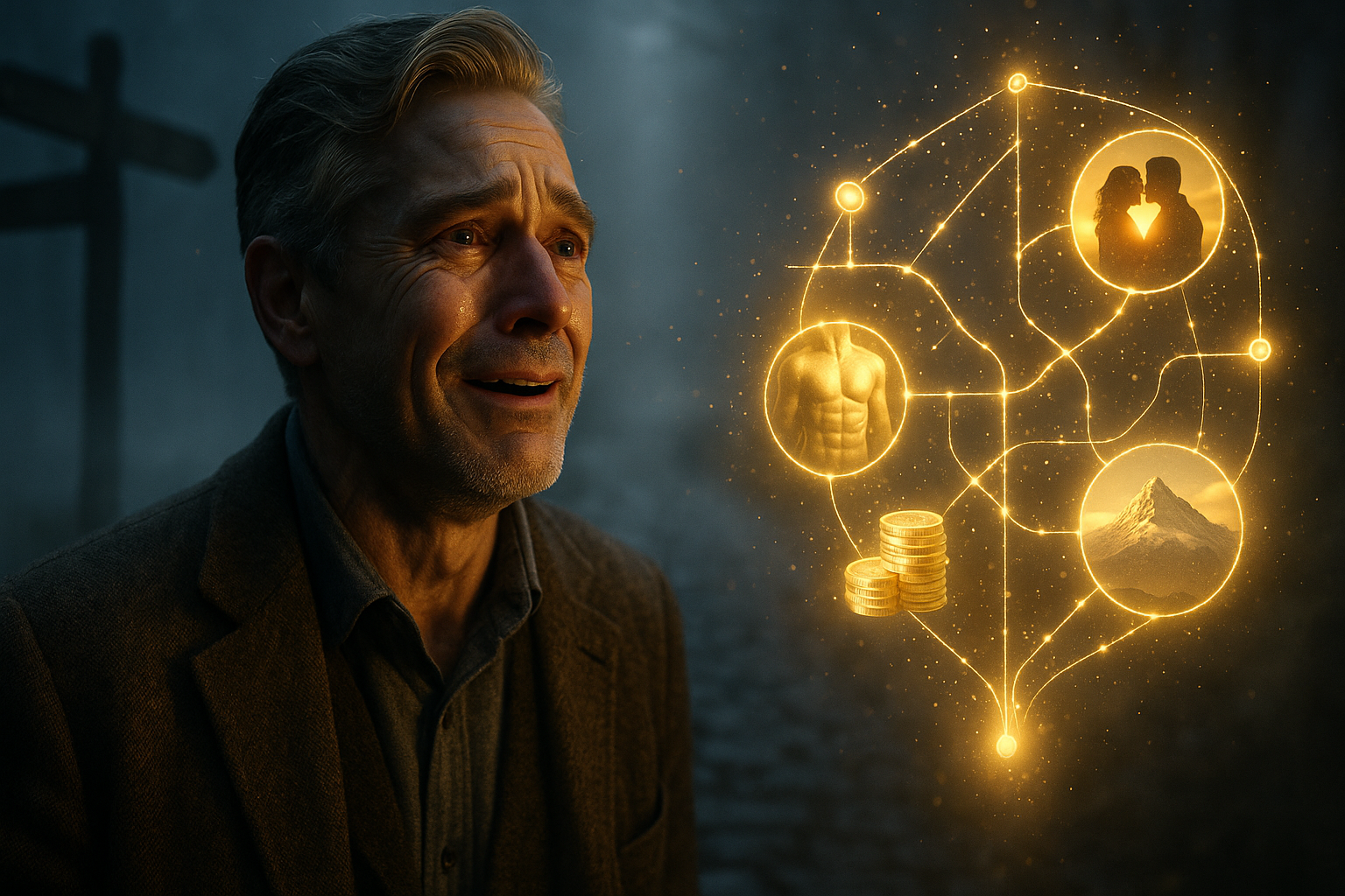 A man in midlife stands at a crossroads, choosing his path by looking at a glowing blueprint for his second act, representing a successful midlife reboot.