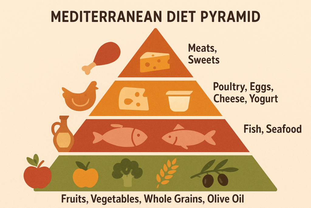 A modern illustration of the Mediterranean diet pyramid, showing food groups like olive oil, fruits, vegetables, fish, and whole grains with clear labels and icons.