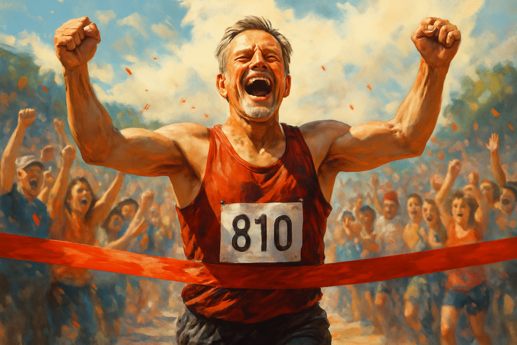 A triumphant man in his 50s crossing a finish line, celebrating a personal accomplishment with a look of joy as a crowd cheers in the background.