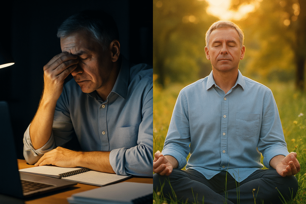 A split-screen image showing a stressed man at work on one side, and the same man looking peaceful and relaxed while meditating on the other, illustrating the importance of sleep and stress management for men over 49.