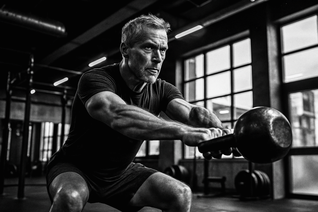 A dynamic, black and white shot of a fit man in his 50s performing a kettlebell swing, demonstrating the importance of strength training for men over 49.