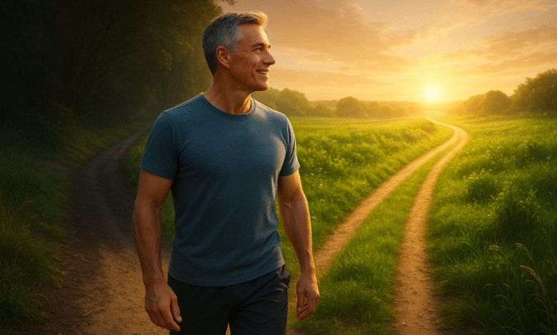A vibrant, healthy man in his 50s confidently looking towards a bright future, representing the promise of the midlife man's blueprint for optimal health.