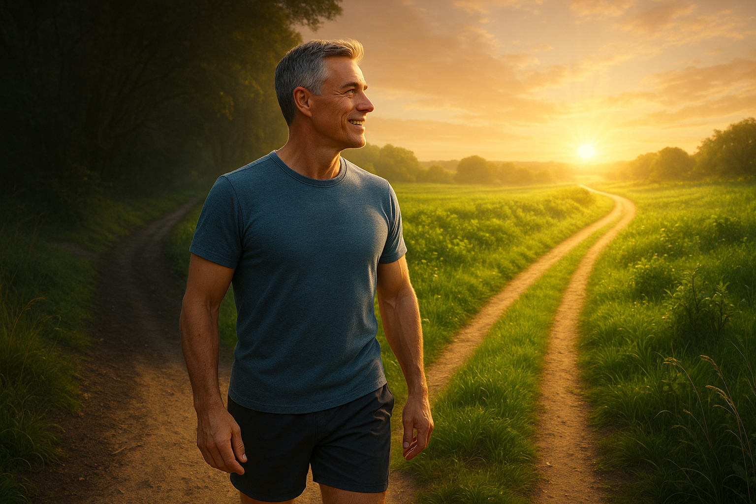 A vibrant, healthy man in his 50s confidently looking towards a bright future, representing the promise of the midlife man's blueprint for optimal health.