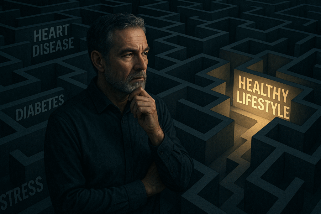 A man in his 50s navigates a maze of health risks like heart disease and diabetes, choosing the illuminated path to a healthy lifestyle. men's health over 49
