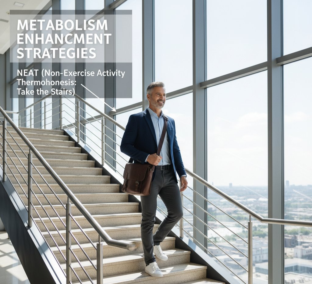 midlife man over 40 confidently walking down a modern office staircase, wearing a suit jacket and carrying a messenger bag, symbolizing non-exercise activity thermogenesis (NEAT) for metabolism enhancement.