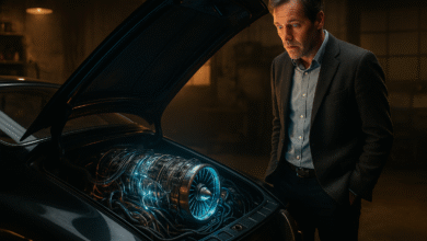 A thoughtful man looking into the engine of a classic car, which has been replaced with a glowing, futuristic turbine engine, symbolizing a midlife ADHD diagnosis as a new operating manual.