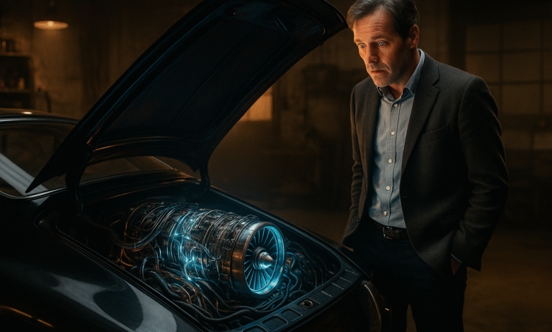 A thoughtful man looking into the engine of a classic car, which has been replaced with a glowing, futuristic turbine engine, symbolizing a midlife ADHD diagnosis as a new operating manual.