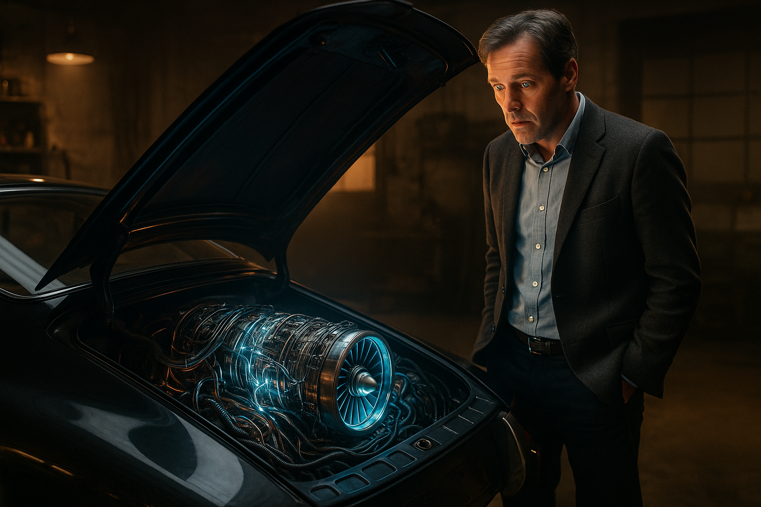 A thoughtful man looking into the engine of a classic car, which has been replaced with a glowing, futuristic turbine engine, symbolizing a midlife ADHD diagnosis as a new operating manual.