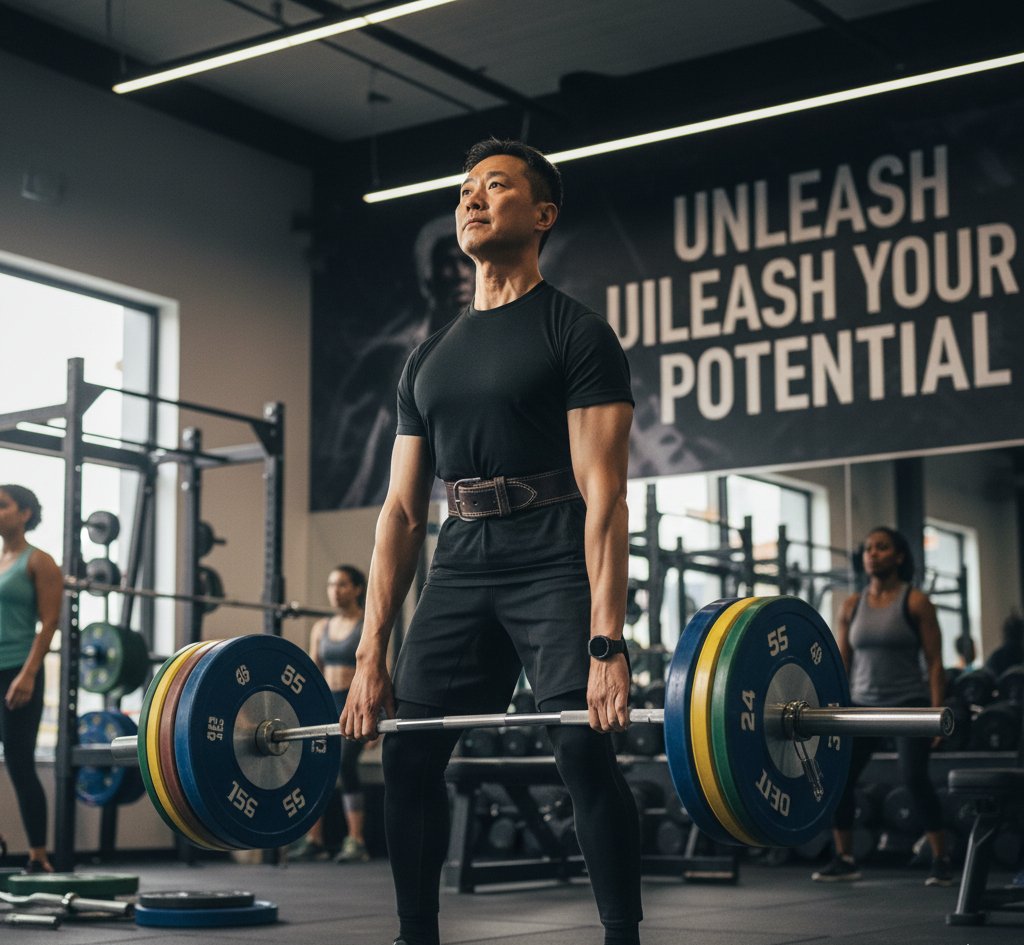 A focused midlife Asian man, strength training for men over 40, weightlifting belt, confidently deadlifts a barbell in a modern gym with "Unleash Your Potential" banner in the background.